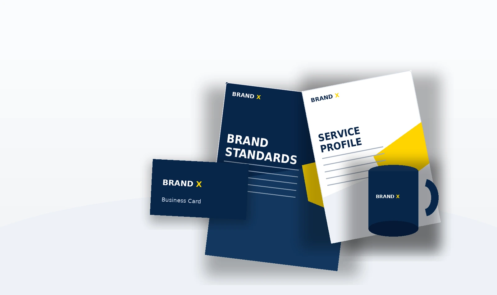 Photorealistic Brand X stationery, mug, business cards, capability statement and brand standards mockups